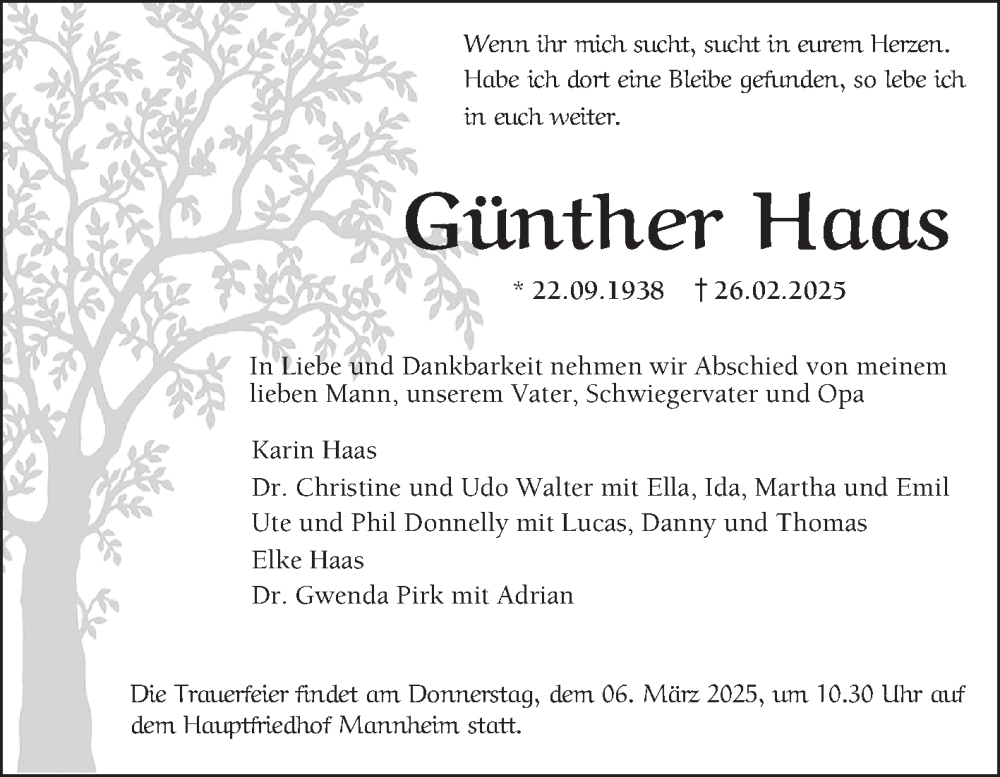  Traueranzeige für Günther Haas vom 01.03.2025 aus Mannheimer Morgen