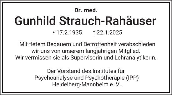 Traueranzeige von Gunhild Strauch-Rahäuser von Mannheimer Morgen