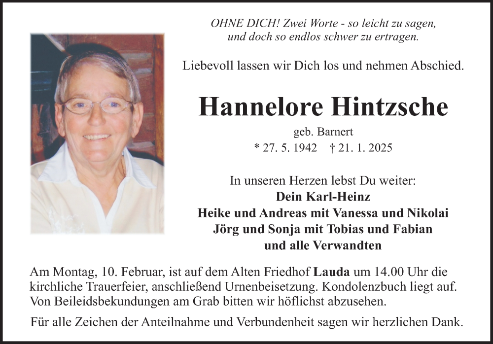  Traueranzeige für Hannelore Hintzsche vom 04.02.2025 aus Fränkische Nachrichten