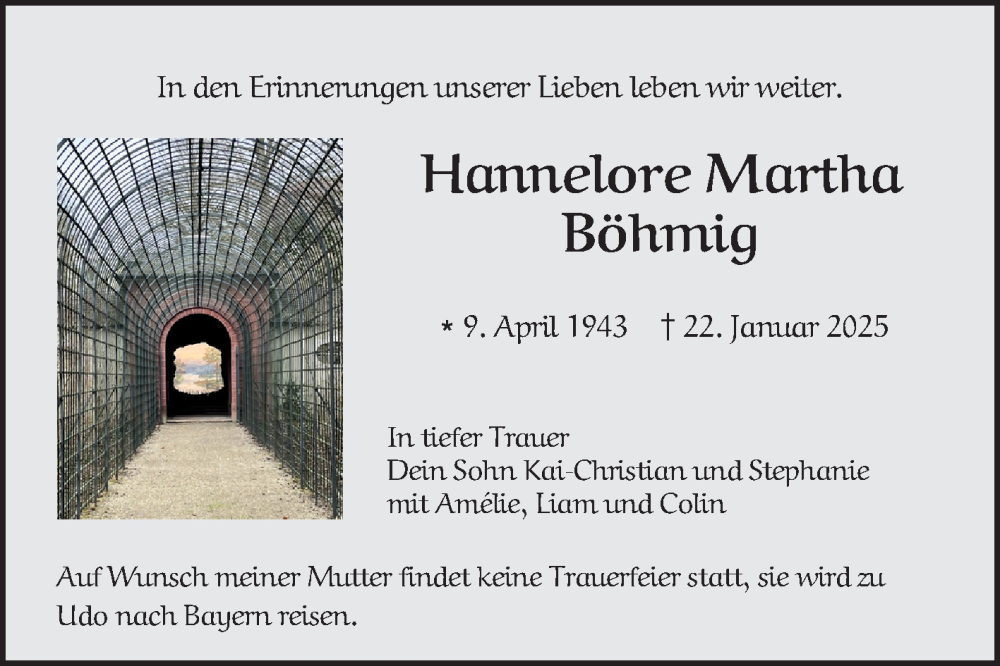  Traueranzeige für Hannelore Martha Böhmig vom 05.02.2025 aus Schwetzinger Zeitung