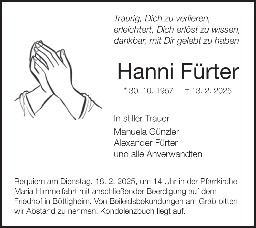  Traueranzeige für Hanni Fürter vom 15.02.2025 aus Fränkische Nachrichten