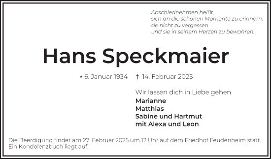 Traueranzeige von Hans Speckmaier von Mannheimer Morgen