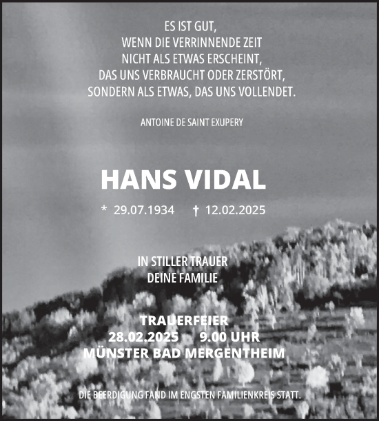 Traueranzeige von Hans Vidal von Fränkische Nachrichten