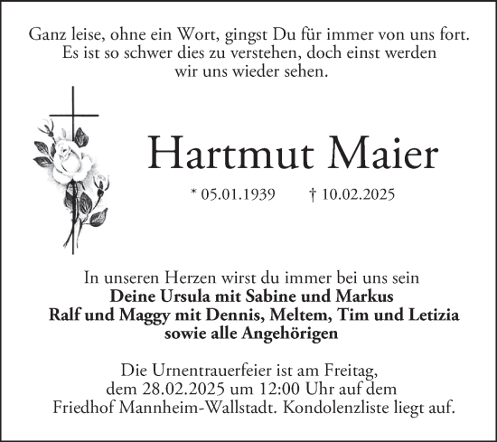 Traueranzeige von Hartmut Maier von Mannheimer Morgen