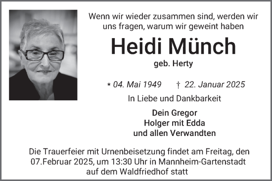 Traueranzeige von Heidi Münch von Mannheimer Morgen
