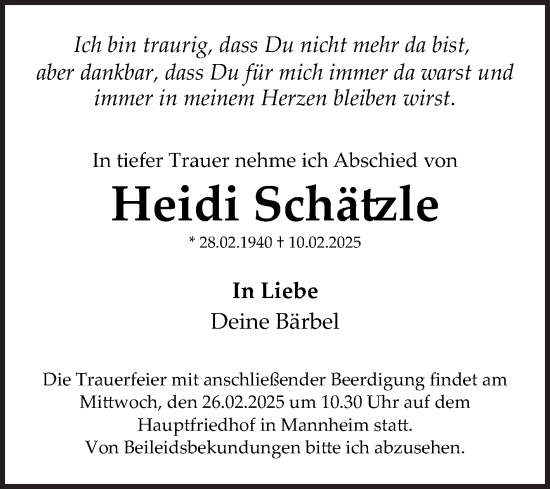 Traueranzeige von Heidi Schätzle von Mannheimer Morgen