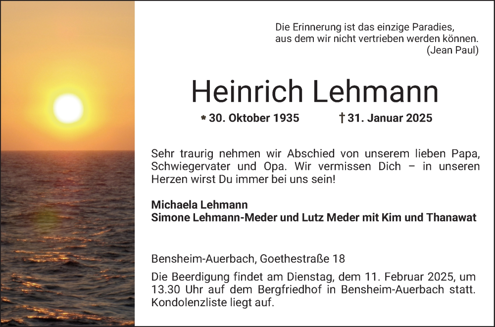  Traueranzeige für Heinrich Lehmann vom 08.02.2025 aus Bergsträßer Anzeiger