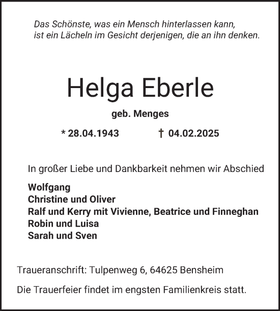 Traueranzeige von Helga Eberle von Bergsträßer Anzeiger