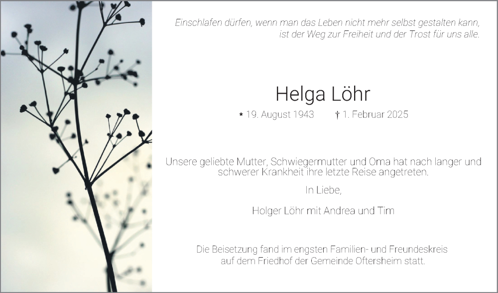  Traueranzeige für Helga Löhr vom 22.02.2025 aus Schwetzinger Zeitung