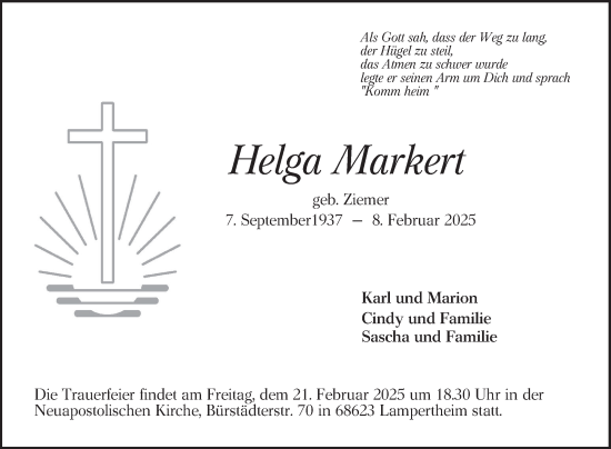 Traueranzeige von Helga Markert von Mannheimer Morgen