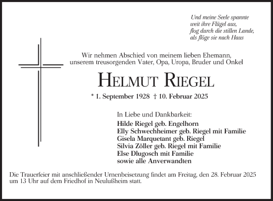 Traueranzeige von Helmut Riegel von Schwetzinger Zeitung