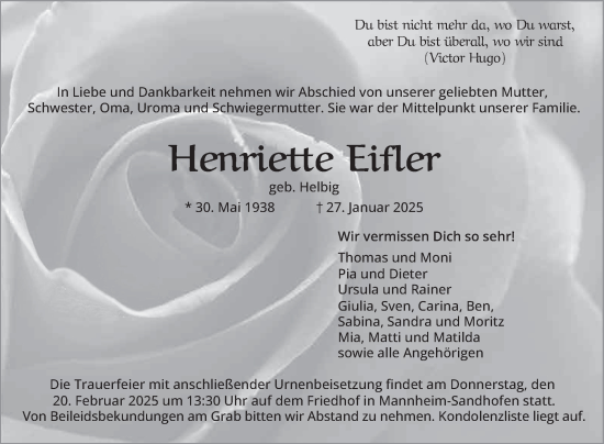 Traueranzeige von Henriette Eifler von Mannheimer Morgen
