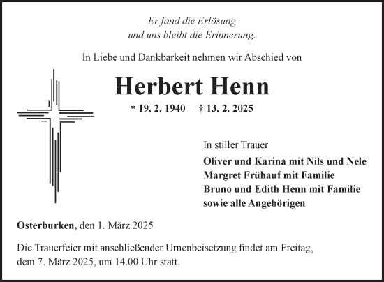 Traueranzeige von Herbert Henn von Fränkische Nachrichten