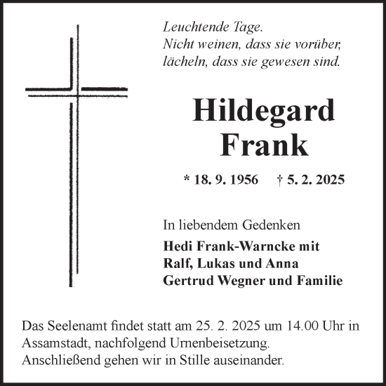 Traueranzeige von Hildegard Frank von Fränkische Nachrichten