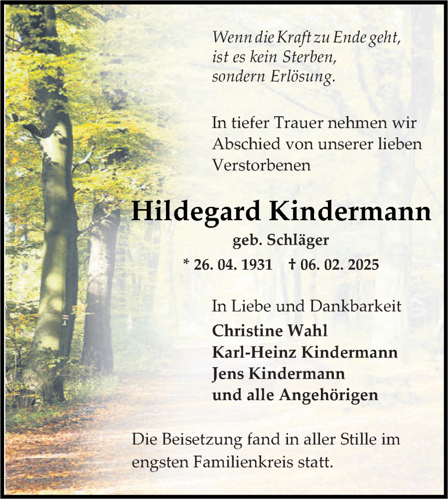  Traueranzeige für Hildegard Kindermann vom 01.03.2025 aus Fränkische Nachrichten