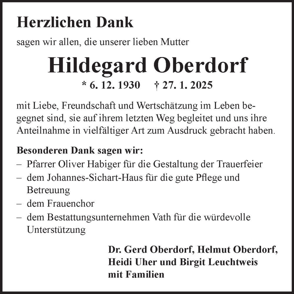  Traueranzeige für Hildegard Oberdorf vom 01.03.2025 aus Fränkische Nachrichten