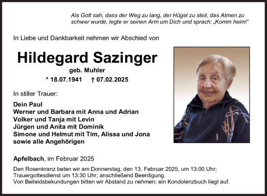 Traueranzeige von Hildegard Sazinger von Fränkische Nachrichten