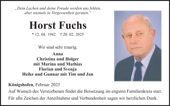 Traueranzeige von Horst Fuchs von Fränkische Nachrichten