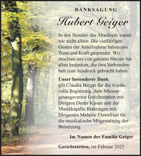 Traueranzeige von Hubert Geiger von Fränkische Nachrichten