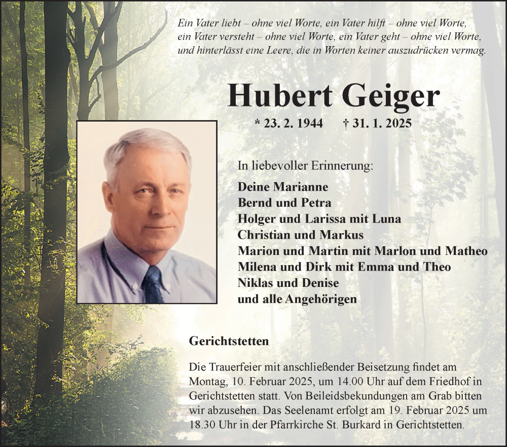  Traueranzeige für Hubert Geiger vom 06.02.2025 aus Fränkische Nachrichten