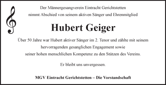 Traueranzeige von Hubert Geiger von Fränkische Nachrichten