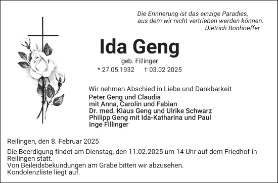 Traueranzeige von Ida Geng von Schwetzinger Zeitung