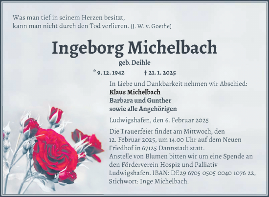 Traueranzeige von Ingeborg Michelbach von Mannheimer Morgen