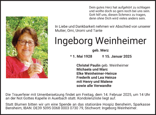 Traueranzeige von Ingeborg Weinheimer von Bergsträßer Anzeiger