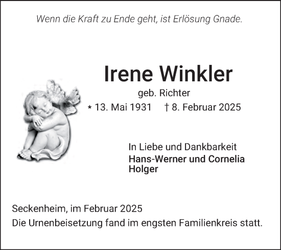Traueranzeige von Irene Winkler von Mannheimer Morgen