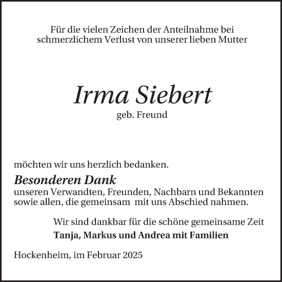 Traueranzeige von Irma Siebert von Schwetzinger Zeitung