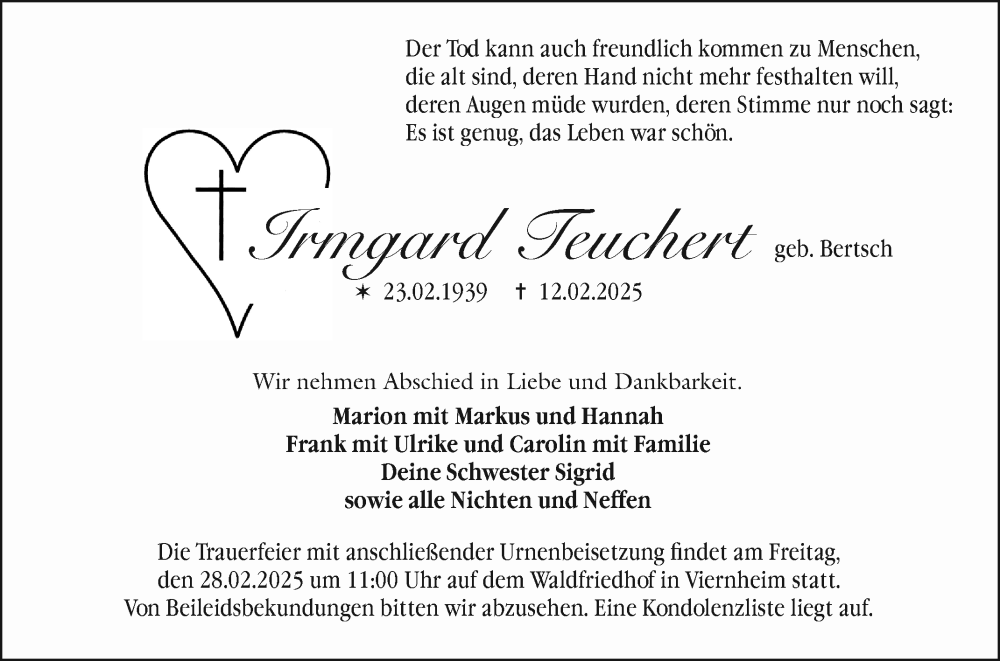 Traueranzeige für Irmgard Teuchert vom 22.02.2025 aus Mannheimer Morgen
