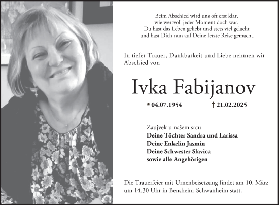 Traueranzeige von Ivka Fabijanov von Bergsträßer Anzeiger