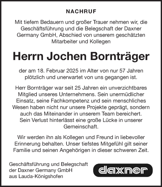 Traueranzeige von Jochen Bornträger von Fränkische Nachrichten