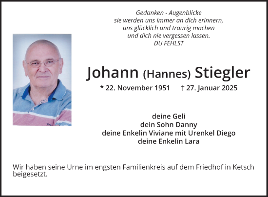 Traueranzeige von Johann Stiegler von Schwetzinger Zeitung