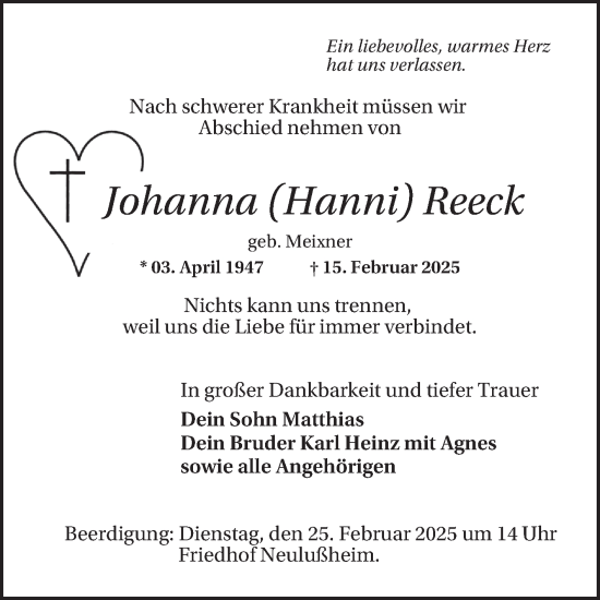 Traueranzeige von Johanna Reeck von Schwetzinger Zeitung