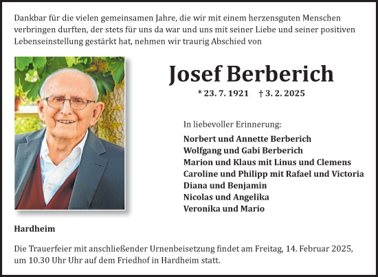 Traueranzeige von Josef Berberich von Fränkische Nachrichten