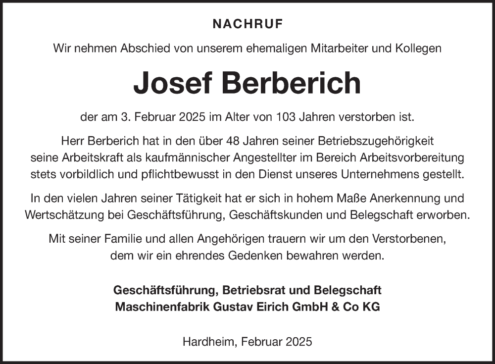  Traueranzeige für Josef Berberich vom 10.02.2025 aus Fränkische Nachrichten
