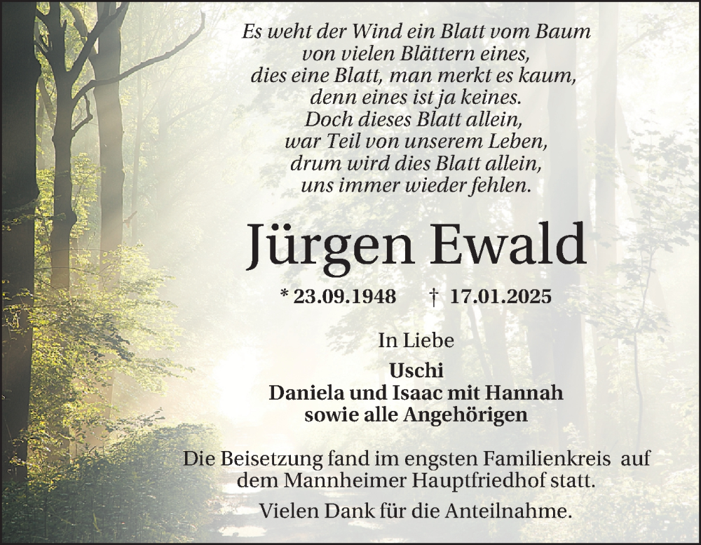  Traueranzeige für Jürgen Ewald vom 08.02.2025 aus Mannheimer Morgen