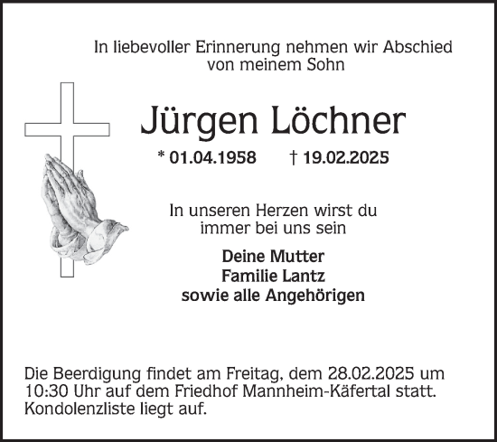 Traueranzeige von Jürgen Löchner von Mannheimer Morgen