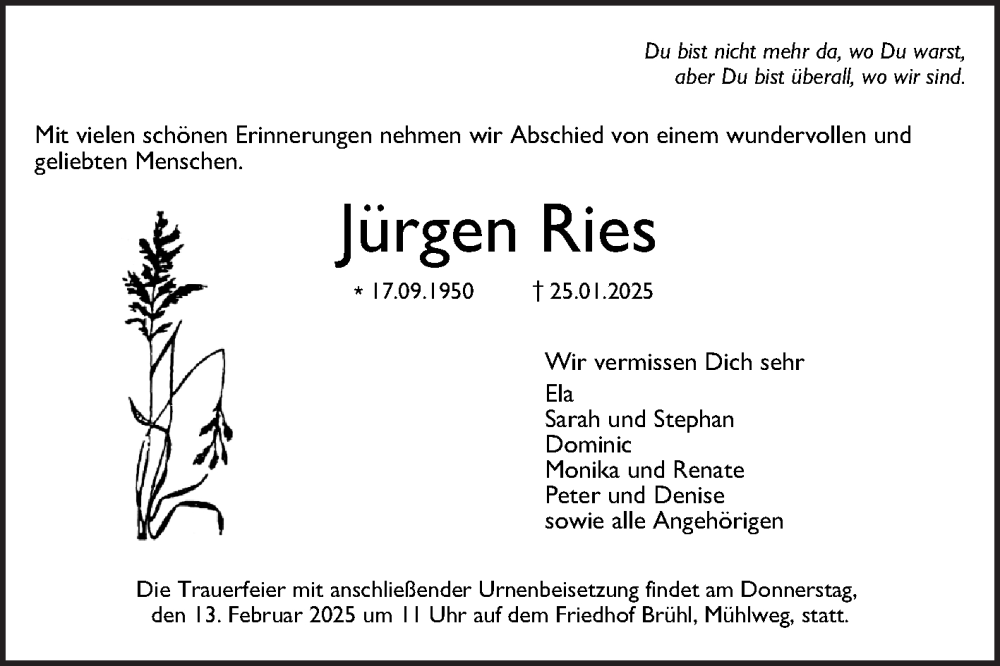  Traueranzeige für Jürgen Ries vom 08.02.2025 aus Mannheimer Morgen