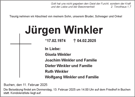 Traueranzeige von Jürgen Winkler von Fränkische Nachrichten
