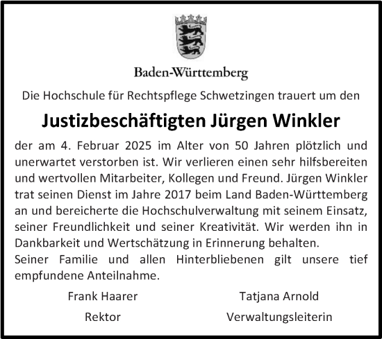 Traueranzeige von Jürgen Winkler von Fränkische Nachrichten