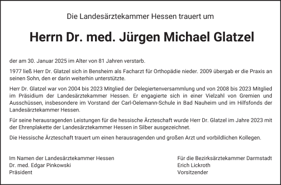 Traueranzeige von Jürgen Michael Glatzel von Bergsträßer Anzeiger