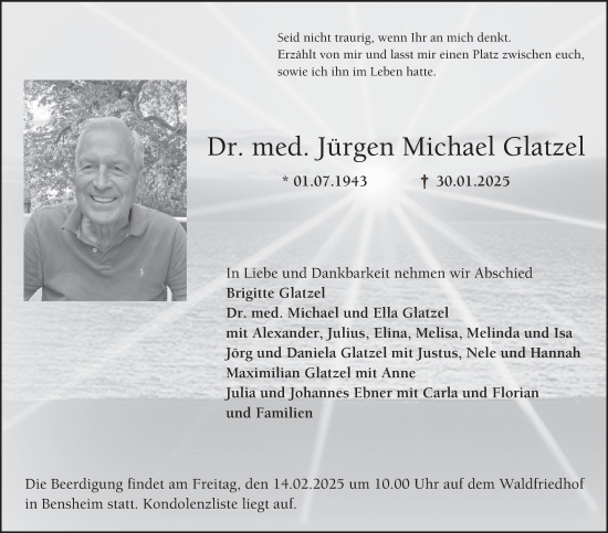 Traueranzeige von Jürgen Michael Glatzel von Bergsträßer Anzeiger