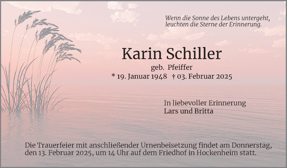  Traueranzeige für Karin Schiller vom 08.02.2025 aus Schwetzinger Zeitung