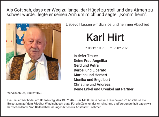 Traueranzeige von Karl Hirt von Fränkische Nachrichten