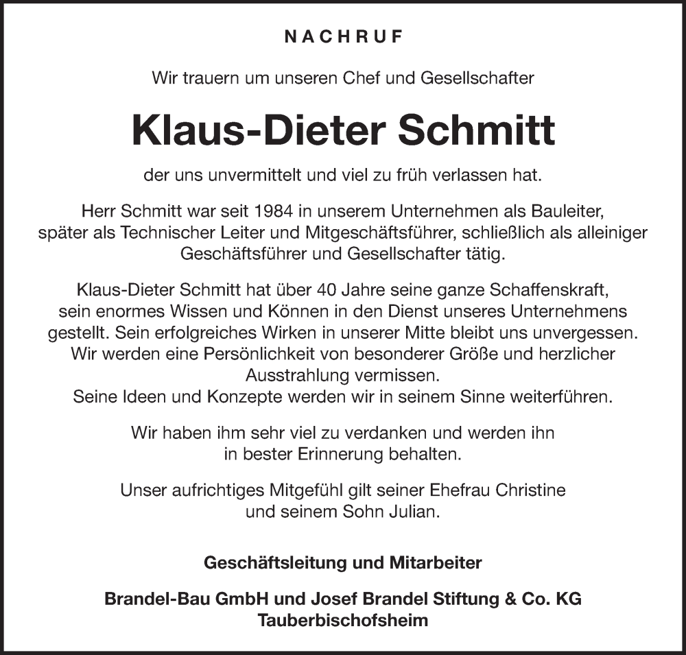  Traueranzeige für Klaus-Dieter Schmitt vom 01.03.2025 aus Fränkische Nachrichten