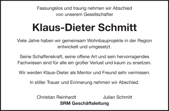 Traueranzeige von Klaus-Dieter Schmitt von Fränkische Nachrichten