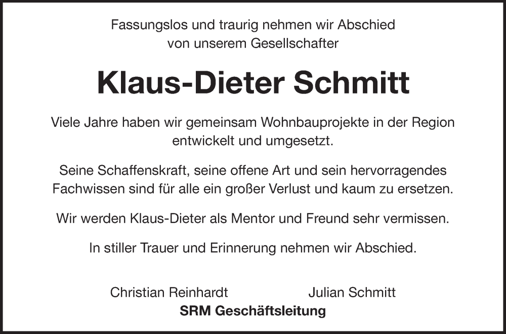  Traueranzeige für Klaus-Dieter Schmitt vom 01.03.2025 aus Fränkische Nachrichten