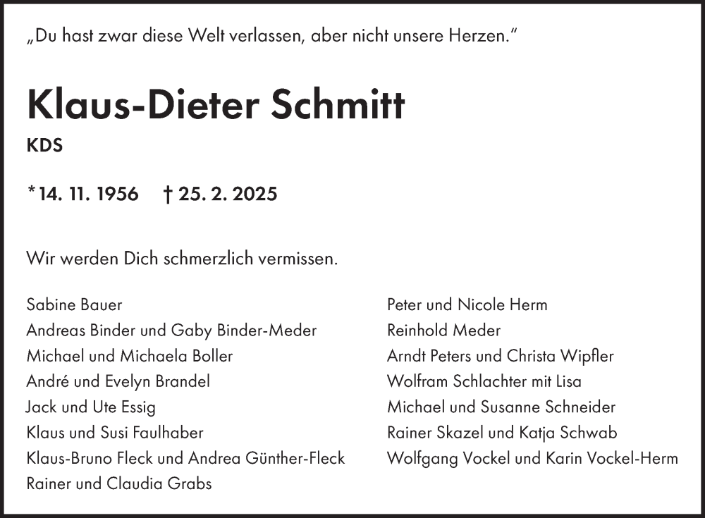  Traueranzeige für Klaus-Dieter Schmitt vom 01.03.2025 aus Fränkische Nachrichten